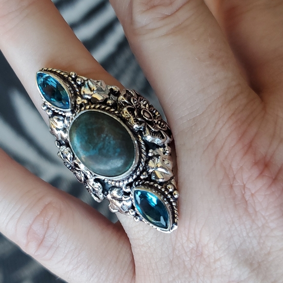 New Chrysocolla and Blue Topaz 925 Silver Statement Ring. - Picture 6 of 12